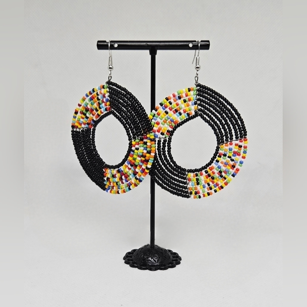 Large Beaded Hoop Earrings – Black with Colorful Seed Beads Boho Statement